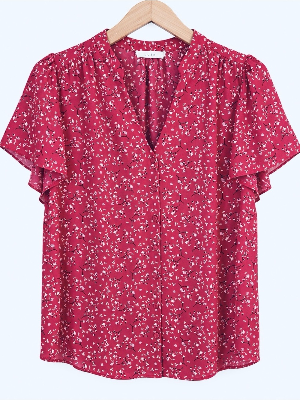 LUSH Berry Floral Short Sleeve Button Front Blouse Pink Floral Top